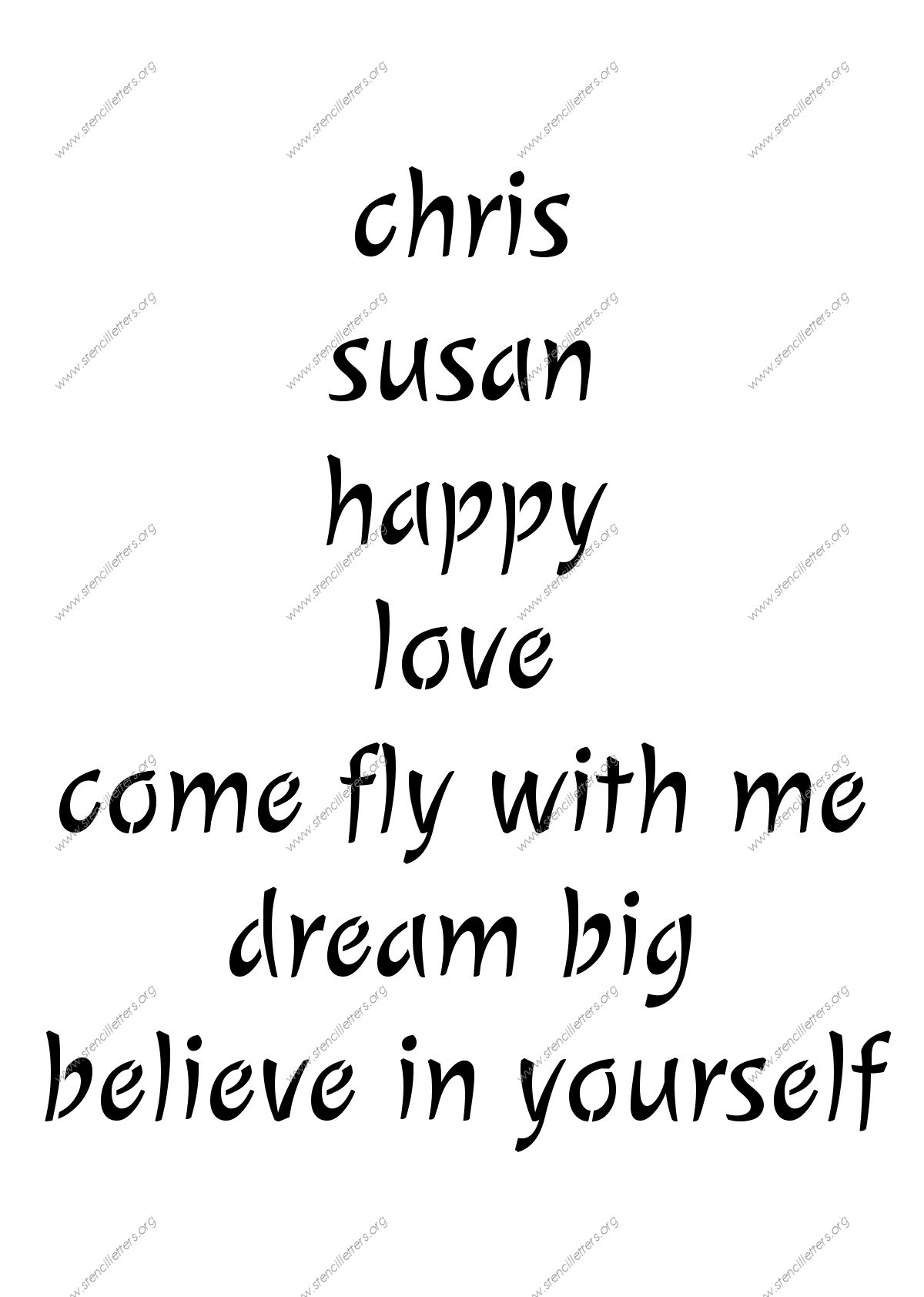 Calligraphic Cursive lowercase stencil Names, Words, Phrases samples