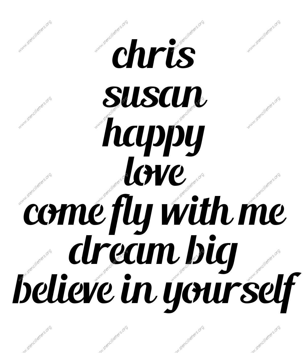 Script Calligraphy lowercase stencil Names, Words, Phrases samples